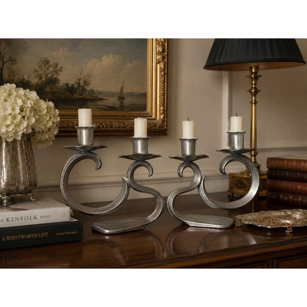 Vintage Pewter Swan Like Double Candle Holders Pair Made in Holland